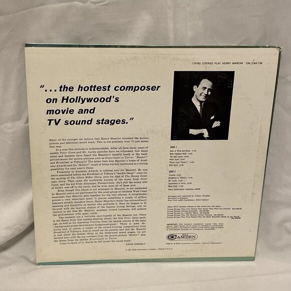 Living Strings Play Henry Mancini (Vinyl, 1963) RCA Camden CAL 736 VG LP Record - Picture 3 of 9